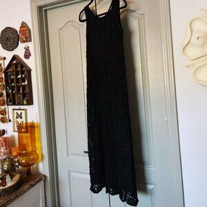 Vintage 90s Black Lace Midi Dress | Carole Little | Silk Lined | Size S